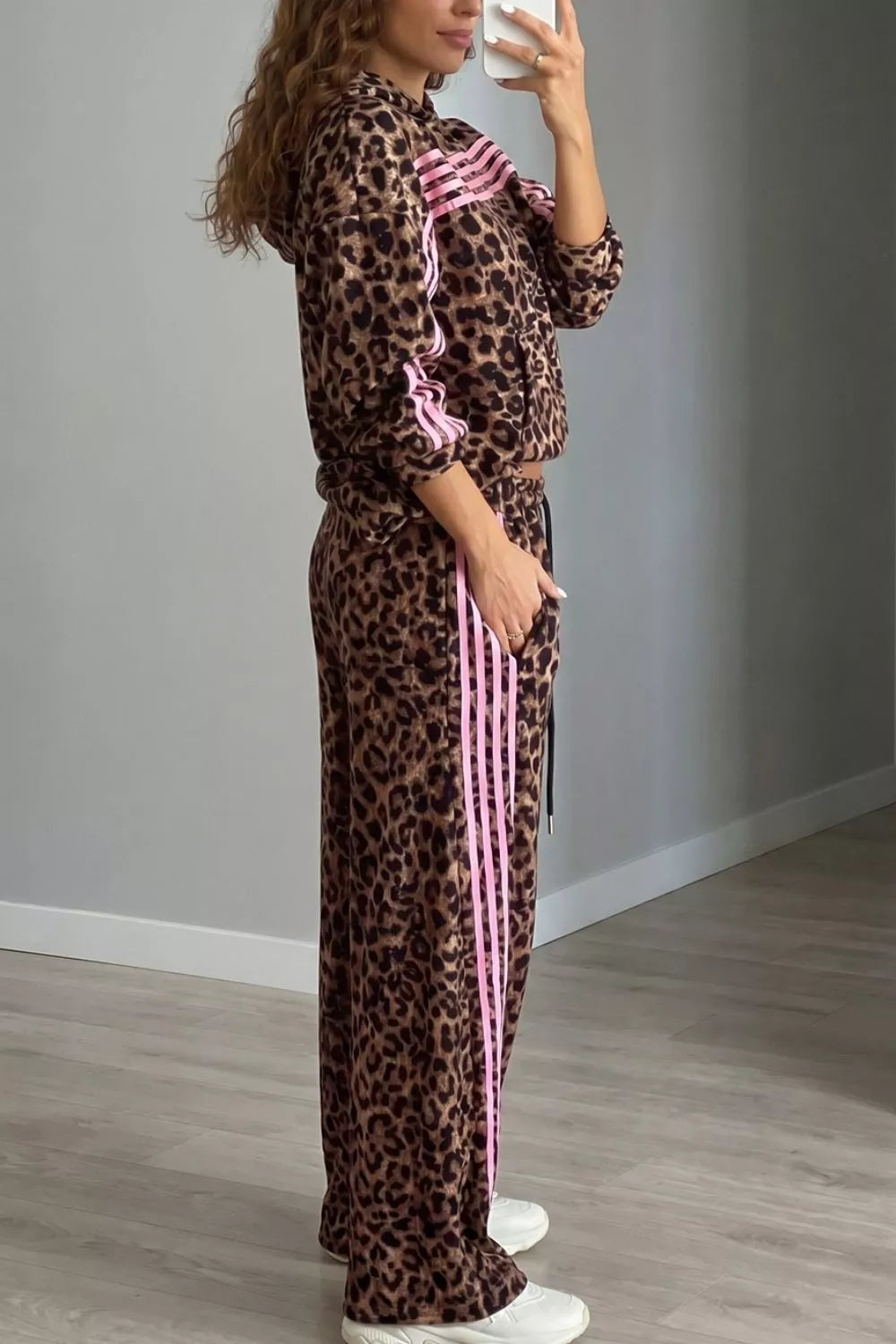 Leopard Print Striped Long Sleeve Top Pant Set in Coffee Brown, model styling view