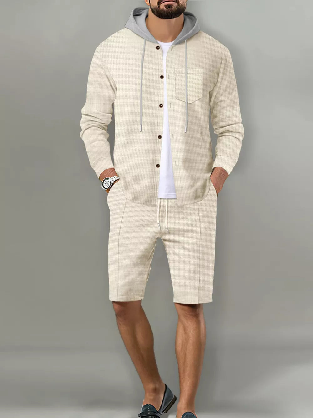 Men's Casual Hooded Button-up Shirt And Shorts Set, front view
