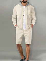 Men's Casual Hooded Button-up Shirt And Shorts Set, front view