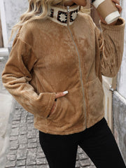Camel corduroy zip-up jacket with crochet collar detail and pockets