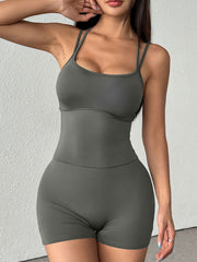 Grey scoop neck active romper with thin straps and short legs