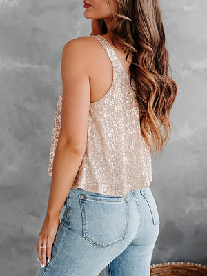 Sequin-embellished flounce tank top in champagne with wide straps.