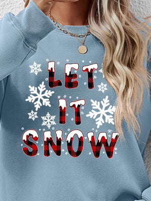 Misty Blue crewneck sweatshirt with "Let It Snow" graphic in buffalo plaid and snowflakes.