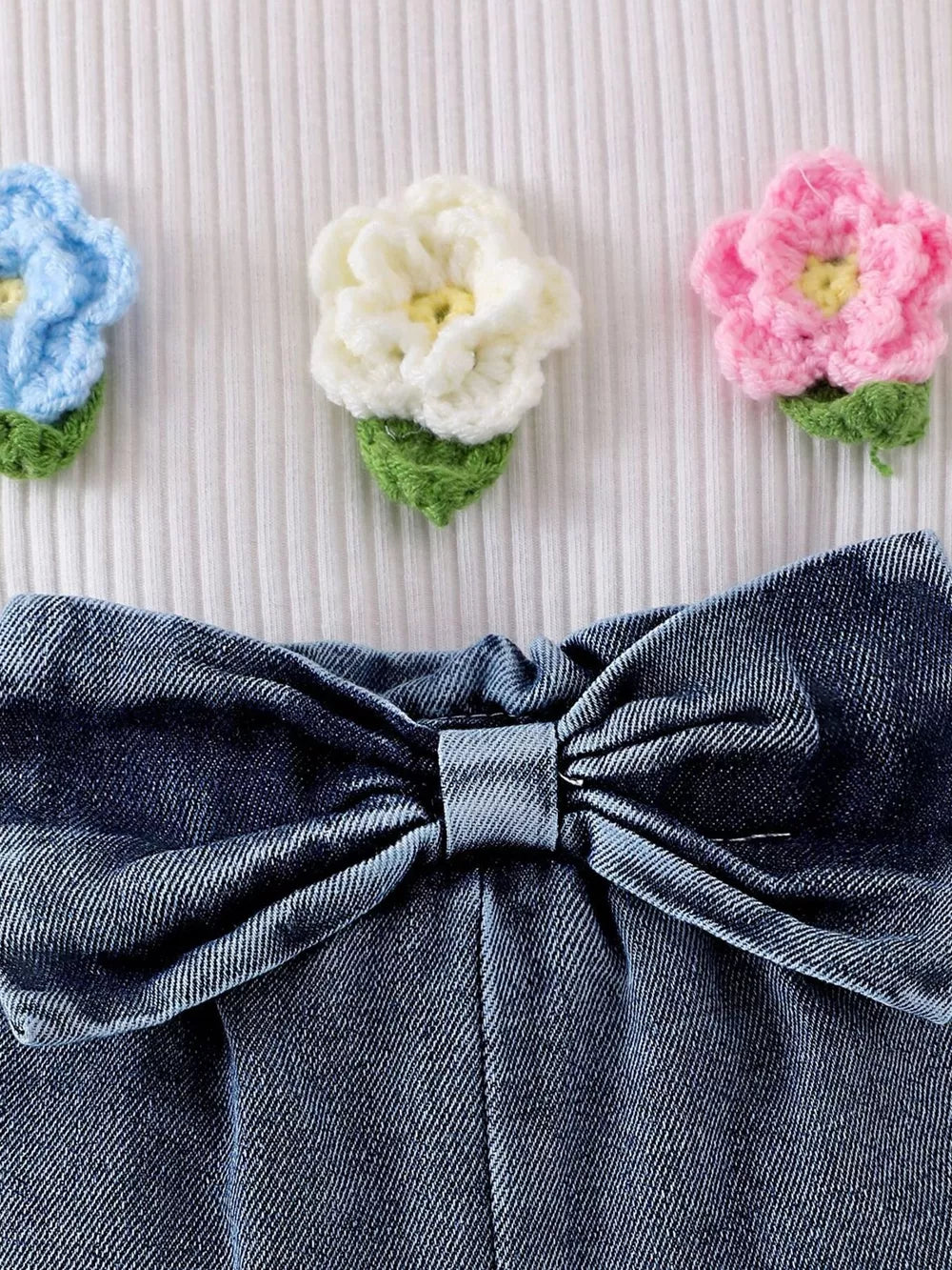 Children's Ruffled Flower Top And Denim Shorts Set in White, back view
