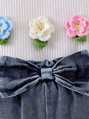 Children's Ruffled Flower Top And Denim Shorts Set in White, back view