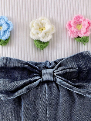 Children's Ruffled Flower Top And Denim Shorts Set in White, back view