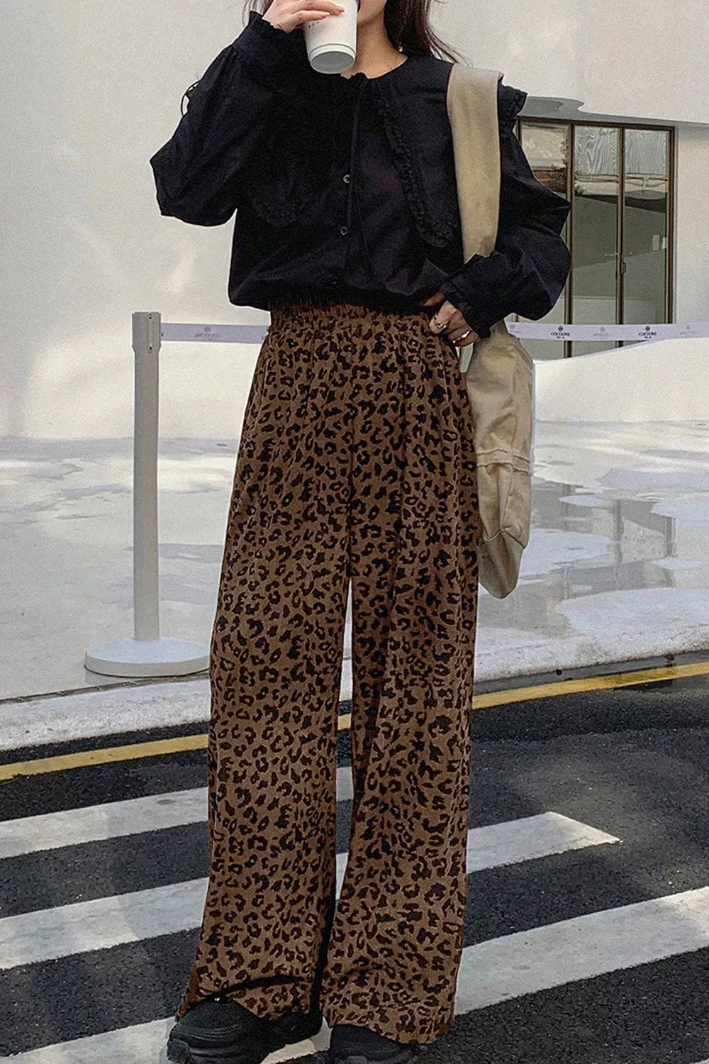Leopard Print Elastic High Waist Corduroy Pants in Coffee Brown, front view