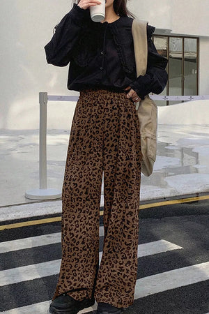 Leopard Print Elastic High Waist Corduroy Pants in Coffee Brown, front view