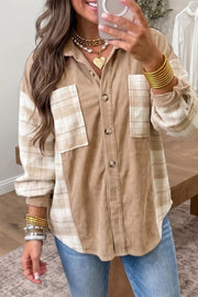 Plaid Colorblock Shirt Collar Shift Shacket in Camel, front view