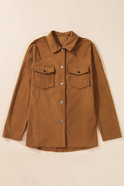 Brown waffle knit overshirt with button-down front and two patch pockets.