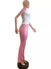Pink and white contrast tee with short sleeves and matching flared pants set.