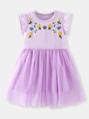 Lavender toddler dress with floral embroidery and ruffled sleeves, featuring a tulle skirt.