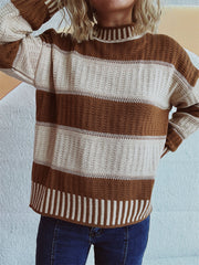 Textured stripe mock neck knit sweater in caramel and cream with ribbed details.