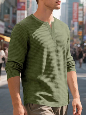 Plus-size waffle knit henley t-shirt in Army Green with button placket.