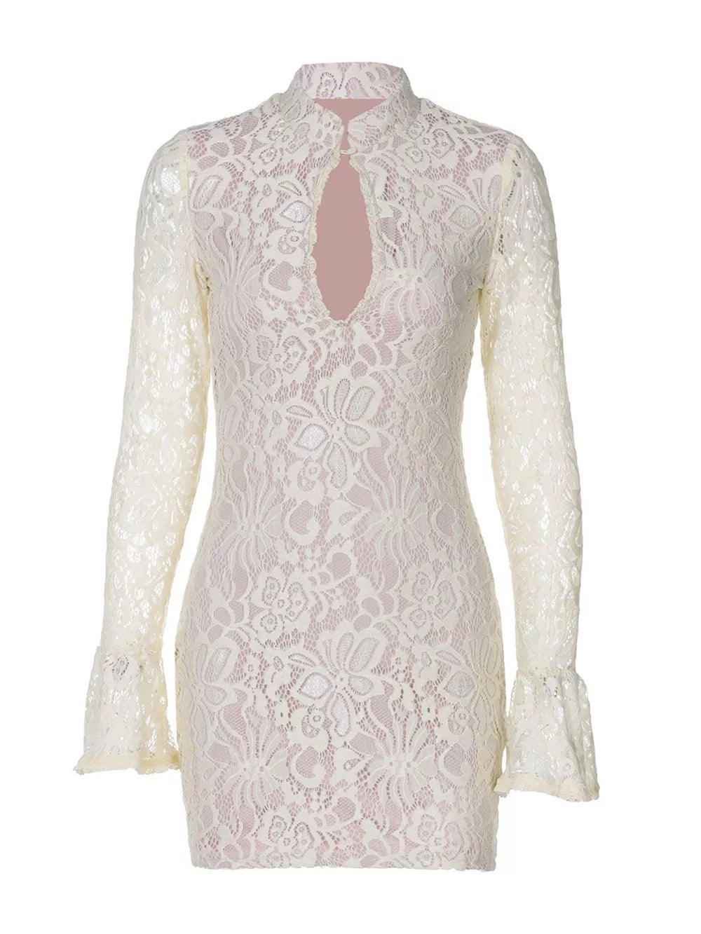 White lace cutout mini dress with flared sleeves and mock neck.