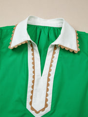 Green cotton blouse with white collar and ricrac trim detail