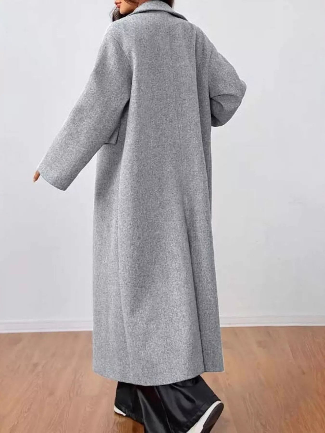 Gray wool-blend longline overcoat with a relaxed fit and wide lapels.
