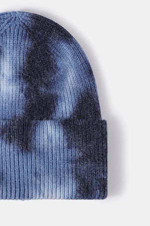 Ribbed knit beanie in blue tie-dye pattern