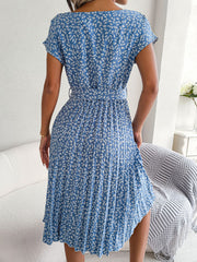 Sky blue floral print midi dress with tie waist and pleated skirt