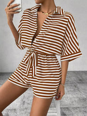 Striped Button Front Half Sleeve Romper in Dark Blue, view 11