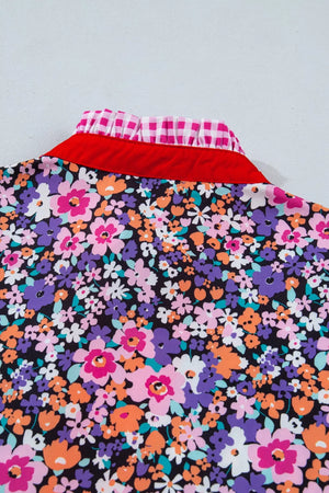 Floral drape v-neck shirt with red collar and pink gingham trim