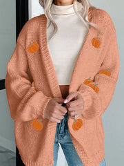 Embroidered pumpkin midi cardigan in sherbet with a relaxed fit and open front.