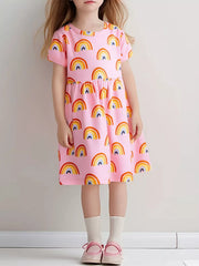 Toddler pink cotton blend dress with rainbow print, short sleeves, and tiered skirt.