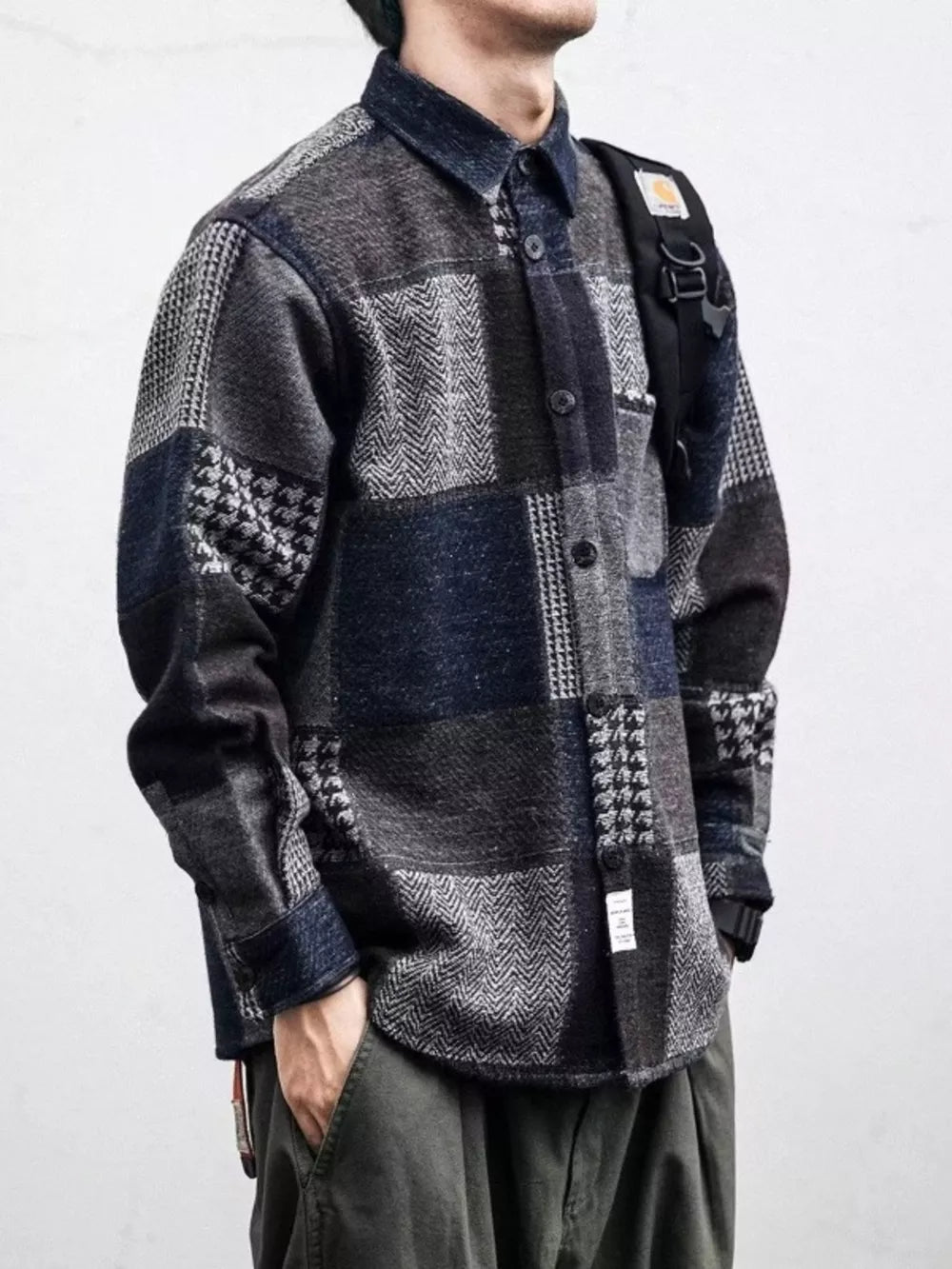 Men's Plus Size Plaid Patchwork Button Up Shacket in Blue, front view