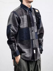 Men's Plus Size Plaid Patchwork Button Up Shacket in Blue, front view