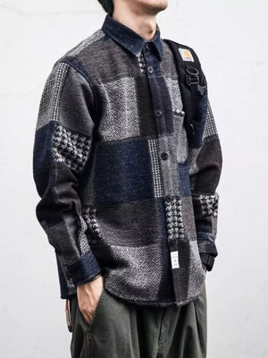Men's Plus Size Plaid Patchwork Button Up Shacket in Blue, front view