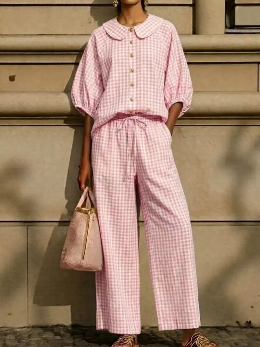 Full Size Plaid Button Up Shirt And Pants Set Plus Size, close-up detail
