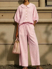 Full Size Plaid Button Up Shirt And Pants Set Plus Size, close-up detail
