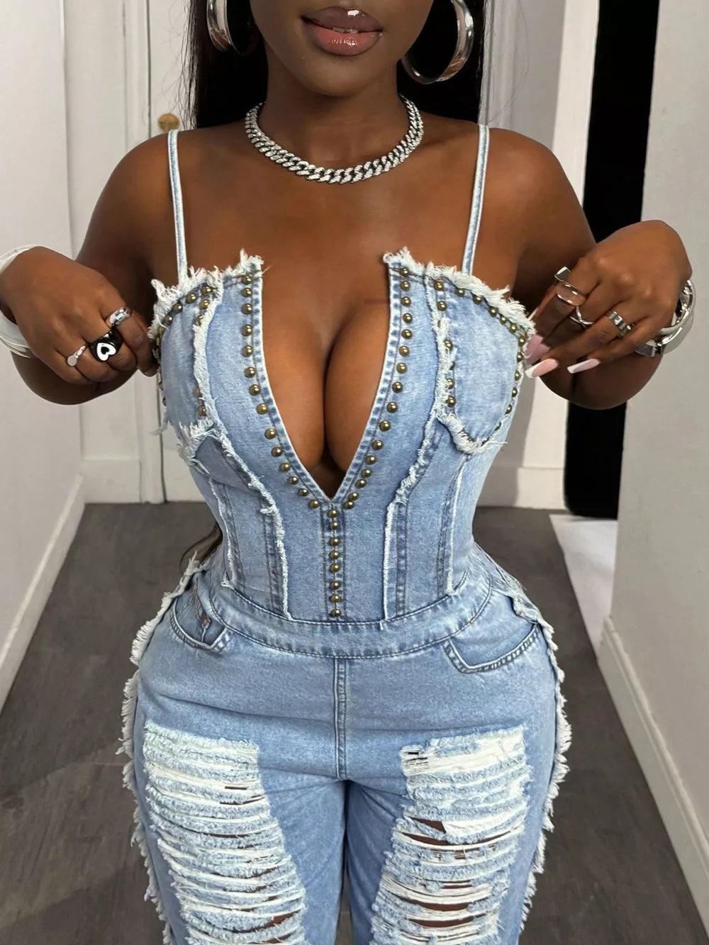 Distressed Spaghetti Strap Wide-leg Denim Jumpsuit, side view