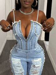 Distressed Spaghetti Strap Wide-leg Denim Jumpsuit, side view