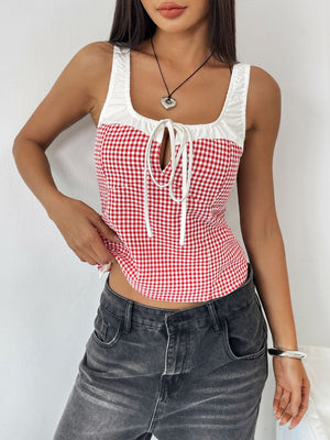 Deep Red gingham bustier top with white trim and tie-front detail.