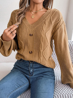 Khaki cable knit button-front cardigan with V-neck and long sleeves.