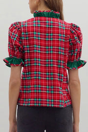 Plaid V Neck Ruffle Color Block Shirt in Rust, model styling view