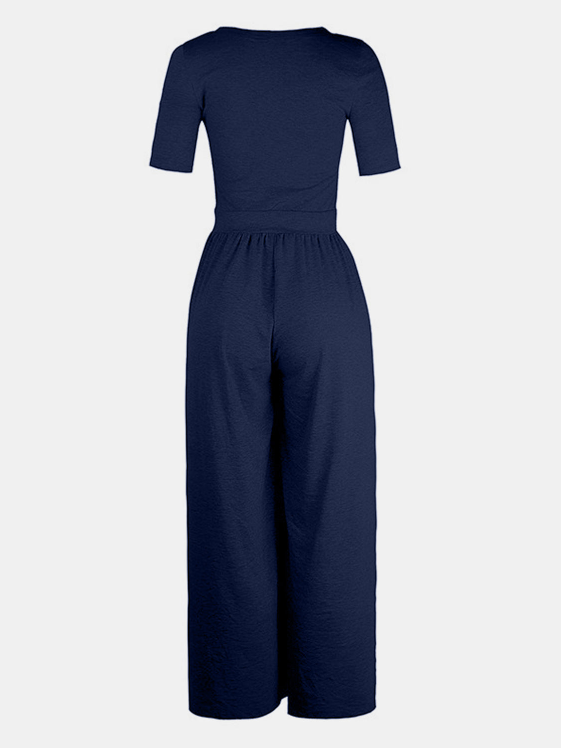 Dark blue textured wide-leg maternity jumpsuit with short sleeves and elastic waist