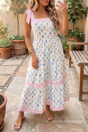 Tiered Floral Tie Shoulder Midi Dress, front view
