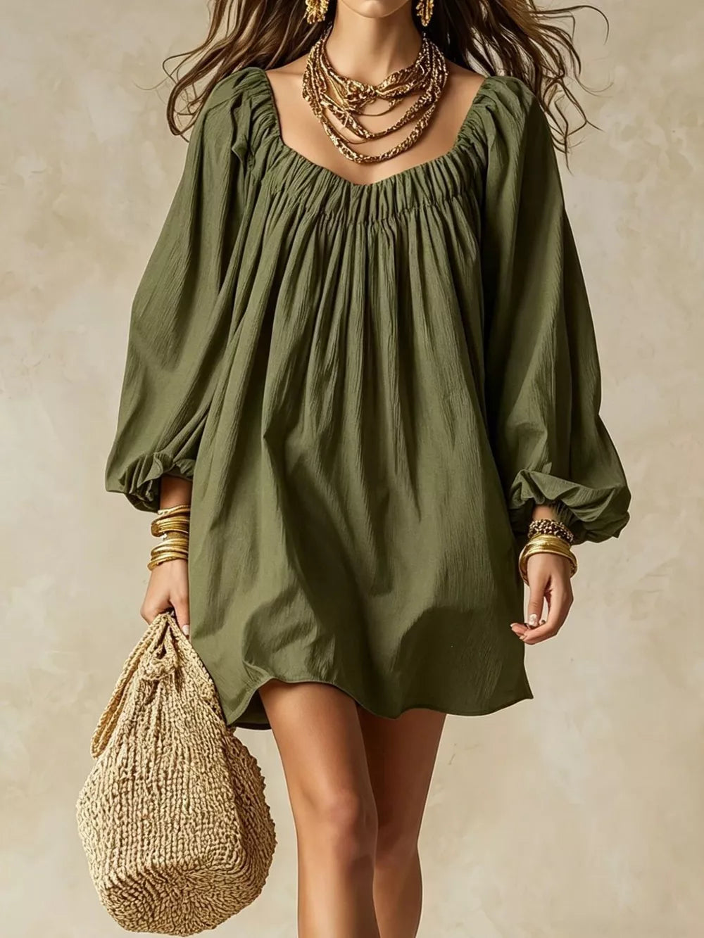 Flowy Balloon Sleeve Mini Dress in Army Green, fabric detail