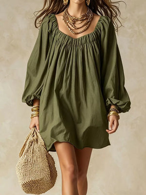 Flowy Balloon Sleeve Mini Dress in Army Green, fabric detail