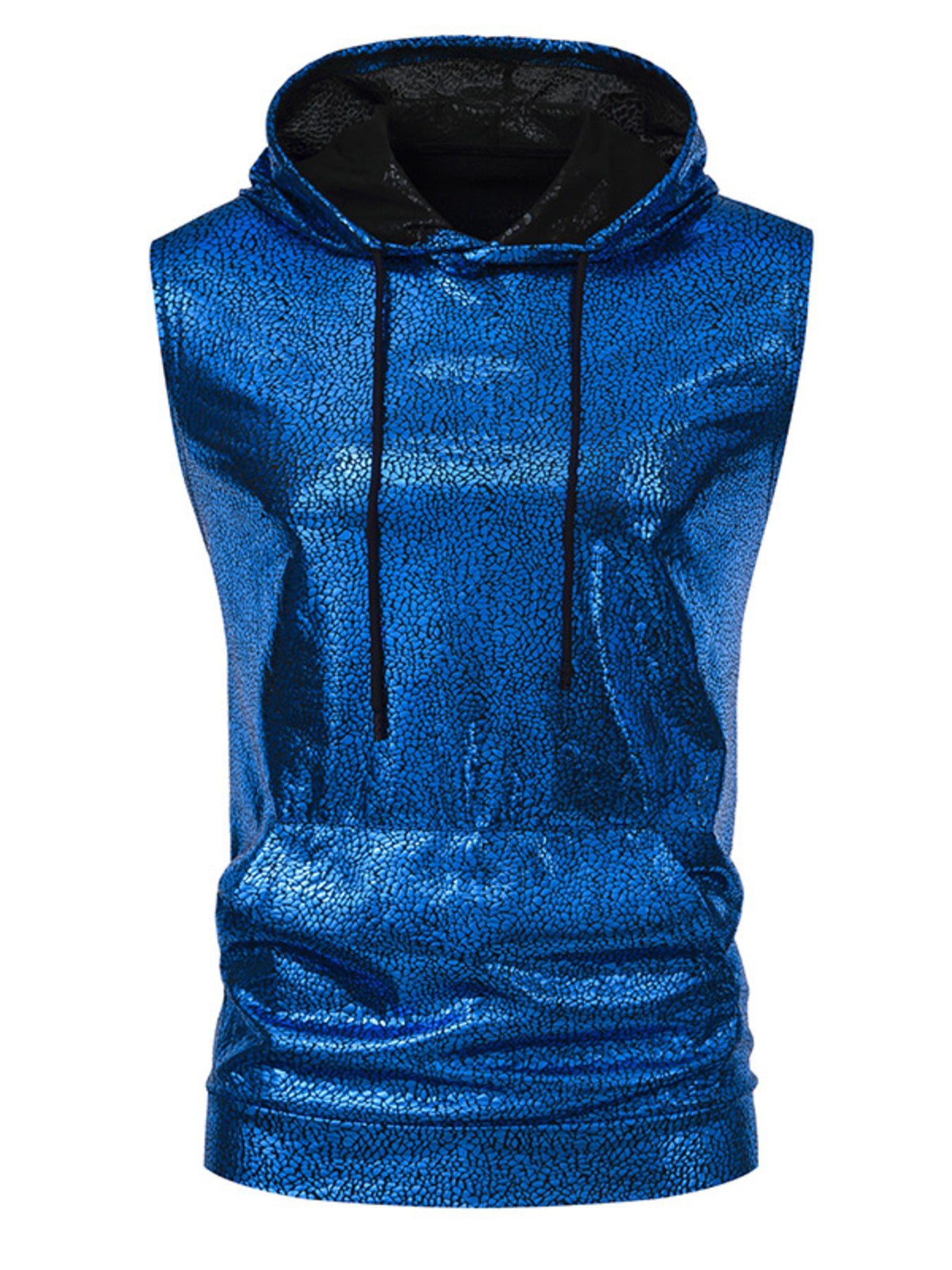 Blue iridescent hooded tank top with cracked texture and black drawstrings.