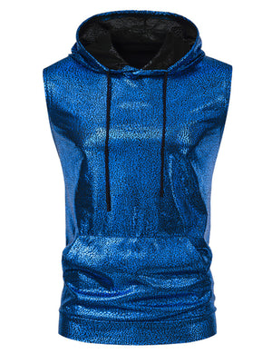 Blue iridescent hooded tank top with cracked texture and black drawstrings.