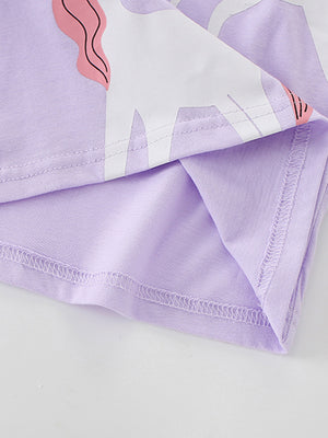Toddler purple cotton t-shirt with a white unicorn graphic and pink mane.