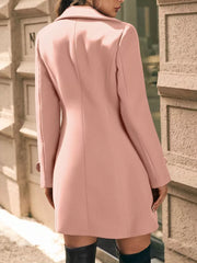 Pale Blush double-breasted wool blend trench coat with cuffed sleeves and a-line cut.