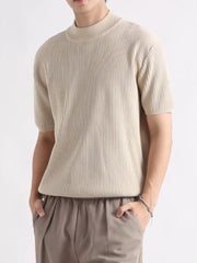 Men's ribbed knit mock neck t-shirt in Apricot, short sleeves, lightweight cotton blend.