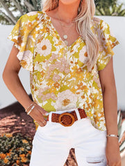 Floral flutter sleeve v-neck blouse in yellow with a retro floral print, polyester.