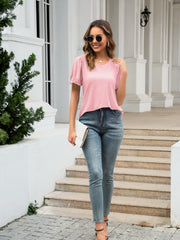 Blush pink eyelet puff sleeve v-neck blouse with textured pattern