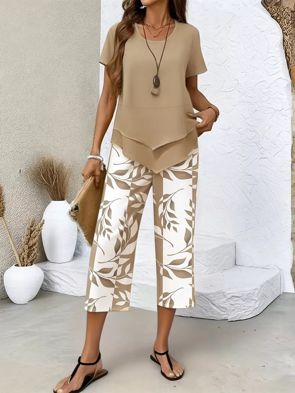 Chic Layered Top & Leaf Print Pants Set