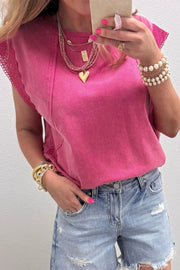 Pink mineral wash cap sleeve t-shirt with lace trim and a crew neck.